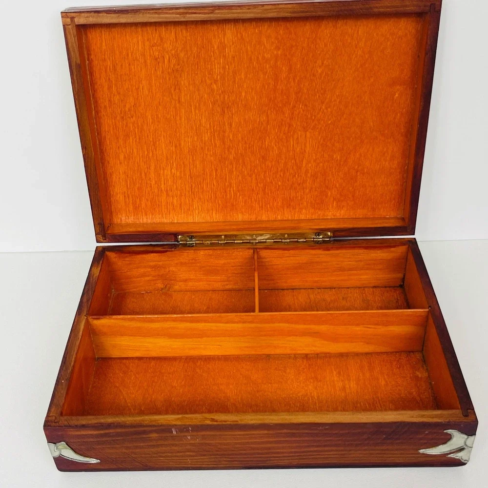 Vintage Wood Tea Storage Box Chest Brown Silver Embossed Metal Overlay Divided
